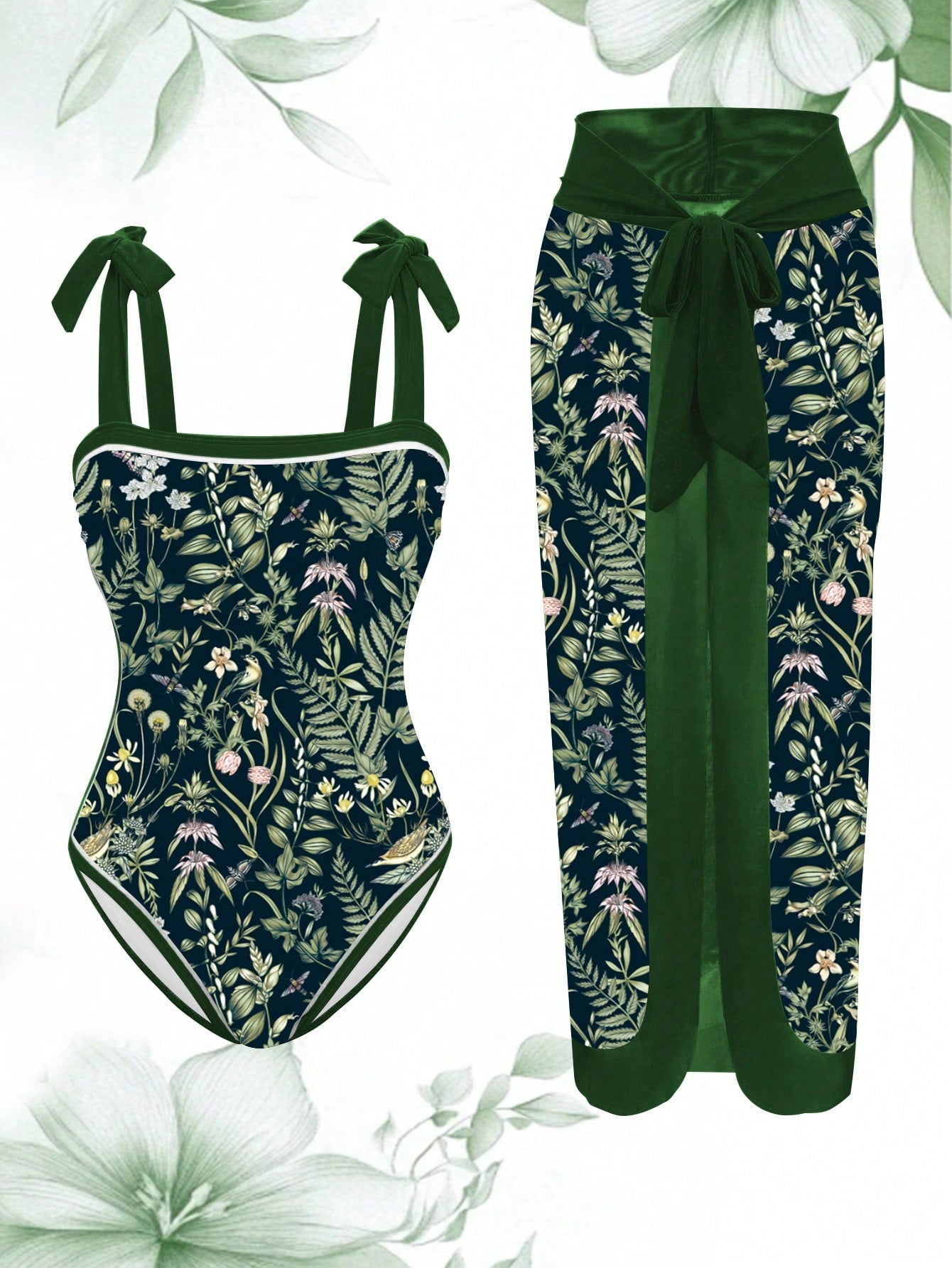 Swim Oasis Plus Size Tropical Plant Print Twist Adjustable Strap One-Piece Swimsuit With Matching Skirt For Summer Beach Vacation