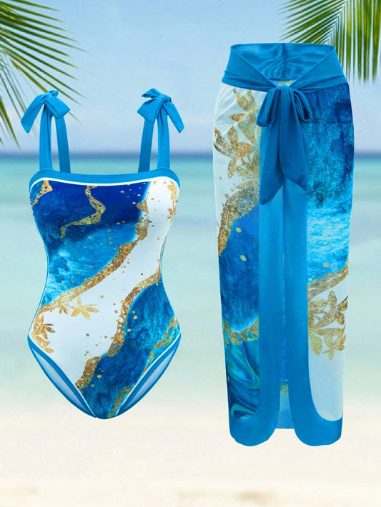 Swim Oasis Plus Size Women 2 Pieces Set Random Printed Tied Bandeau One-Piece Swimsuit With Tie-Up Sarong,White Summer Beach Vacation Holiday Resort Swimwear
