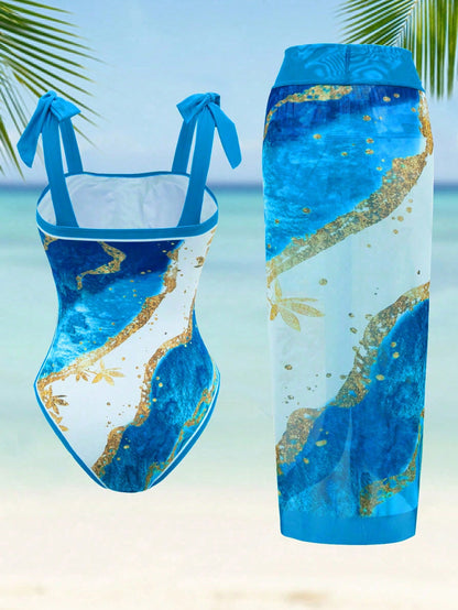 Swim Oasis Plus Size Women 2 Pieces Set Random Printed Tied Bandeau One-Piece Swimsuit With Tie-Up Sarong,White Summer Beach Vacation Holiday Resort Swimwear
