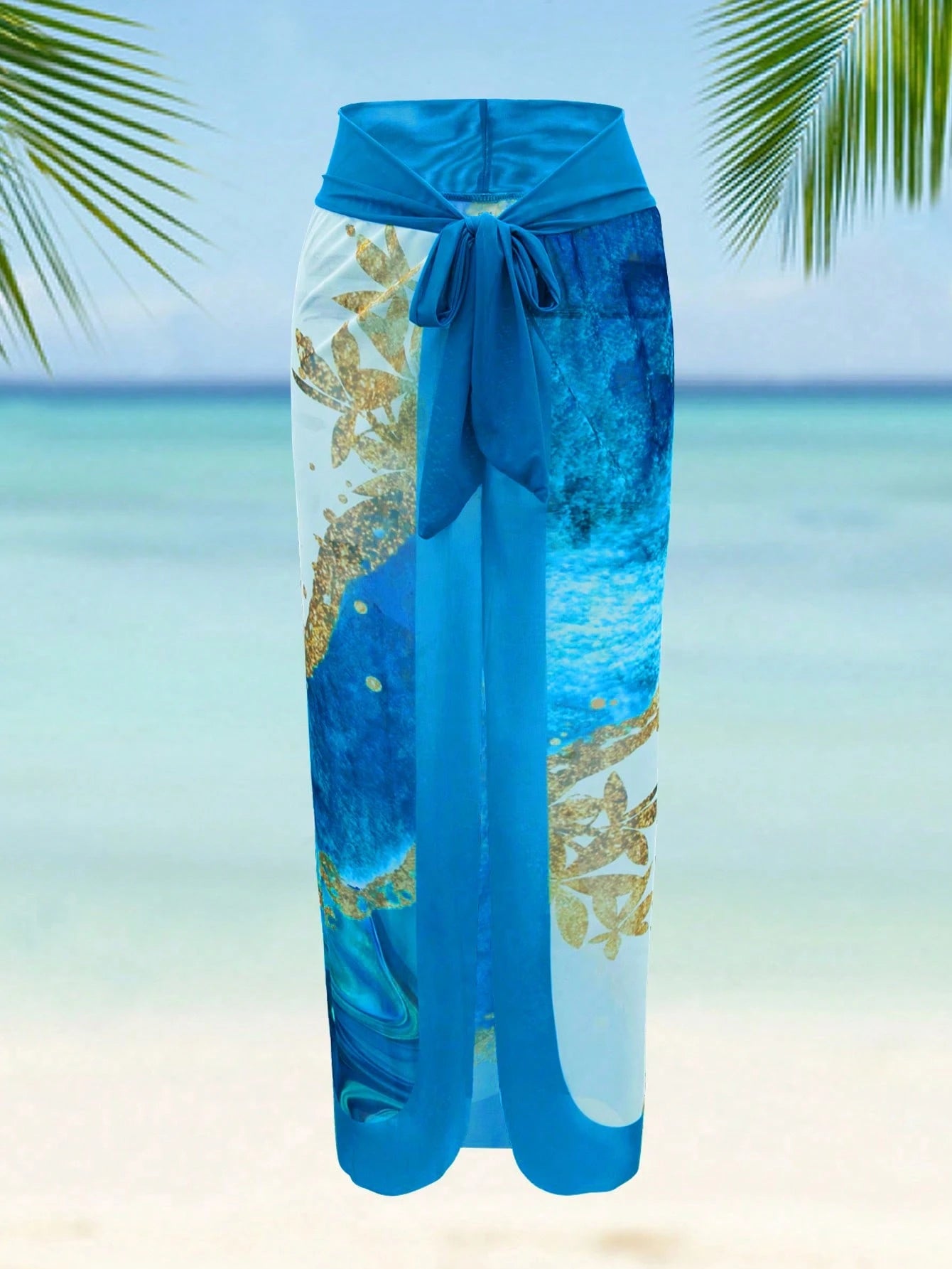 Swim Oasis Plus Size Women 2 Pieces Set Random Printed Tied Bandeau One-Piece Swimsuit With Tie-Up Sarong,White Summer Beach Vacation Holiday Resort Swimwear
