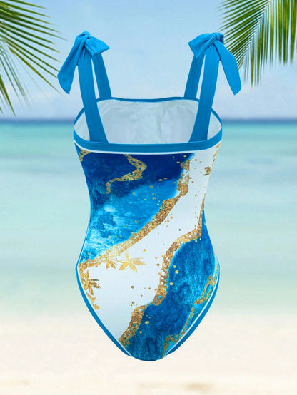 Swim Oasis Plus Size Women 2 Pieces Set Random Printed Tied Bandeau One-Piece Swimsuit With Tie-Up Sarong,White Summer Beach Vacation Holiday Resort Swimwear