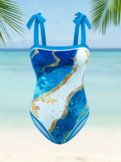 Swim Oasis Plus Size Women 2 Pieces Set Random Printed Tied Bandeau One-Piece Swimsuit With Tie-Up Sarong,White Summer Beach Vacation Holiday Resort Swimwear