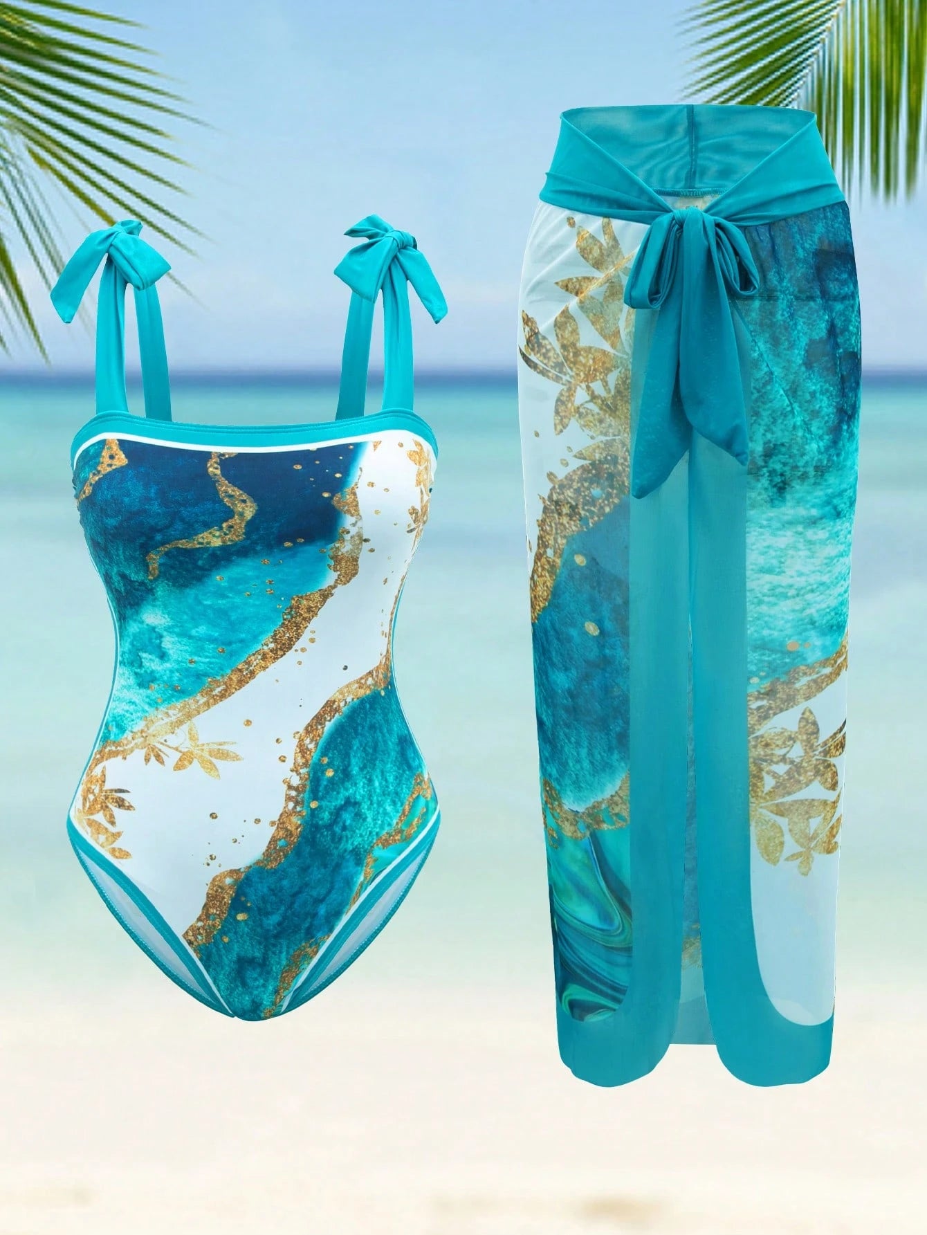 Swim Oasis Plus Size Women 2 Pieces Set Random Printed Tied Bandeau One-Piece Swimsuit With Tie-Up Sarong,White Summer Beach Vacation Holiday Resort Swimwear