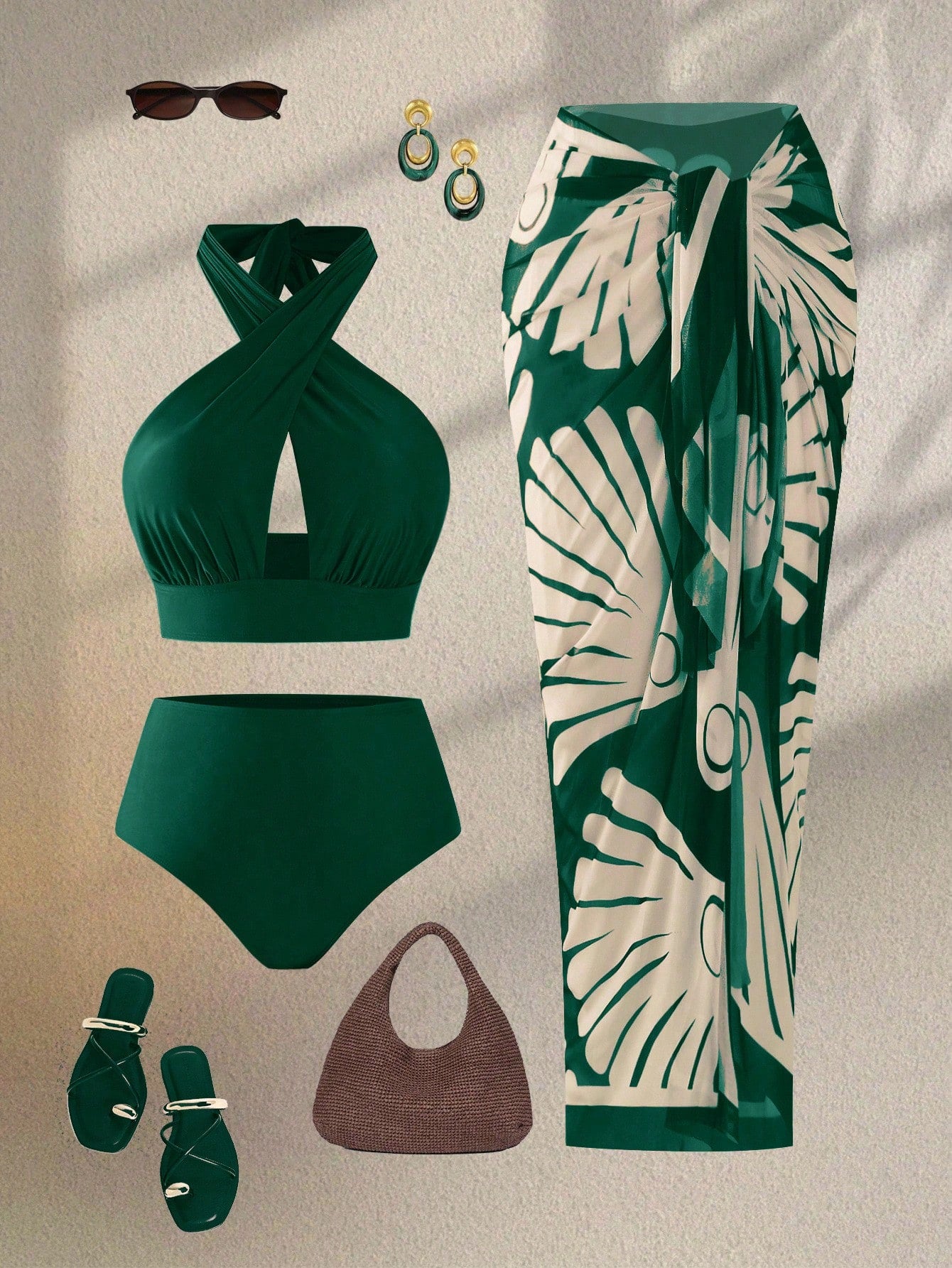 Swim Oasis Plus Size Women's Criss-Cross Halter Hollow-Out Bikini Set,High-Waisted Bottom & Mesh Maxi Dress,Sage Green,Summer,Elegant,Beach,Vacation,Holiday