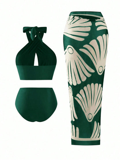 Swim Oasis Plus Size Women's Criss-Cross Halter Hollow-Out Bikini Set,High-Waisted Bottom & Mesh Maxi Dress,Sage Green,Summer,Elegant,Beach,Vacation,Holiday