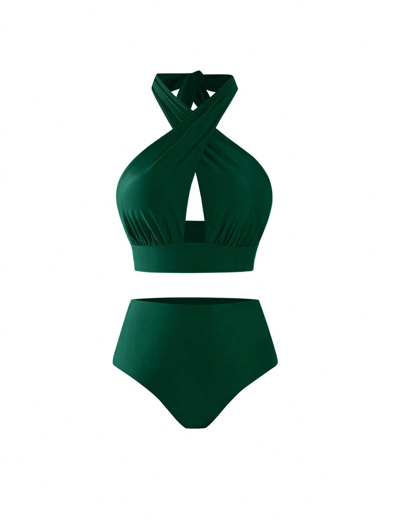 Swim Oasis Plus Size Women's Criss-Cross Halter Hollow-Out Bikini Set,High-Waisted Bottom & Mesh Maxi Dress,Sage Green,Summer,Elegant,Beach,Vacation,Holiday