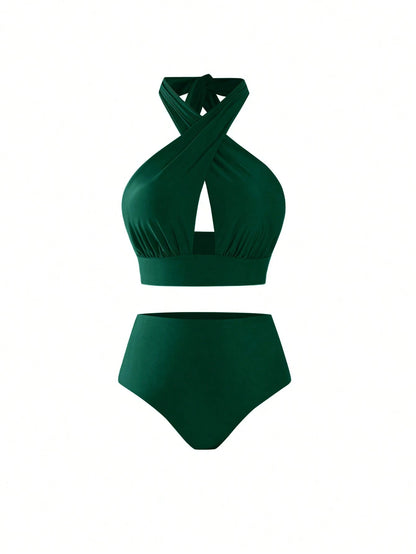 Swim Oasis Plus Size Women's Criss-Cross Halter Hollow-Out Bikini Set,High-Waisted Bottom & Mesh Maxi Dress,Sage Green,Summer,Elegant,Beach,Vacation,Holiday