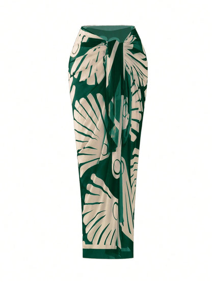 Swim Oasis Plus Size Women's Criss-Cross Halter Hollow-Out Bikini Set,High-Waisted Bottom & Mesh Maxi Dress,Sage Green,Summer,Elegant,Beach,Vacation,Holiday