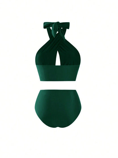 Swim Oasis Plus Size Women's Criss-Cross Halter Hollow-Out Bikini Set,High-Waisted Bottom & Mesh Maxi Dress,Sage Green,Summer,Elegant,Beach,Vacation,Holiday