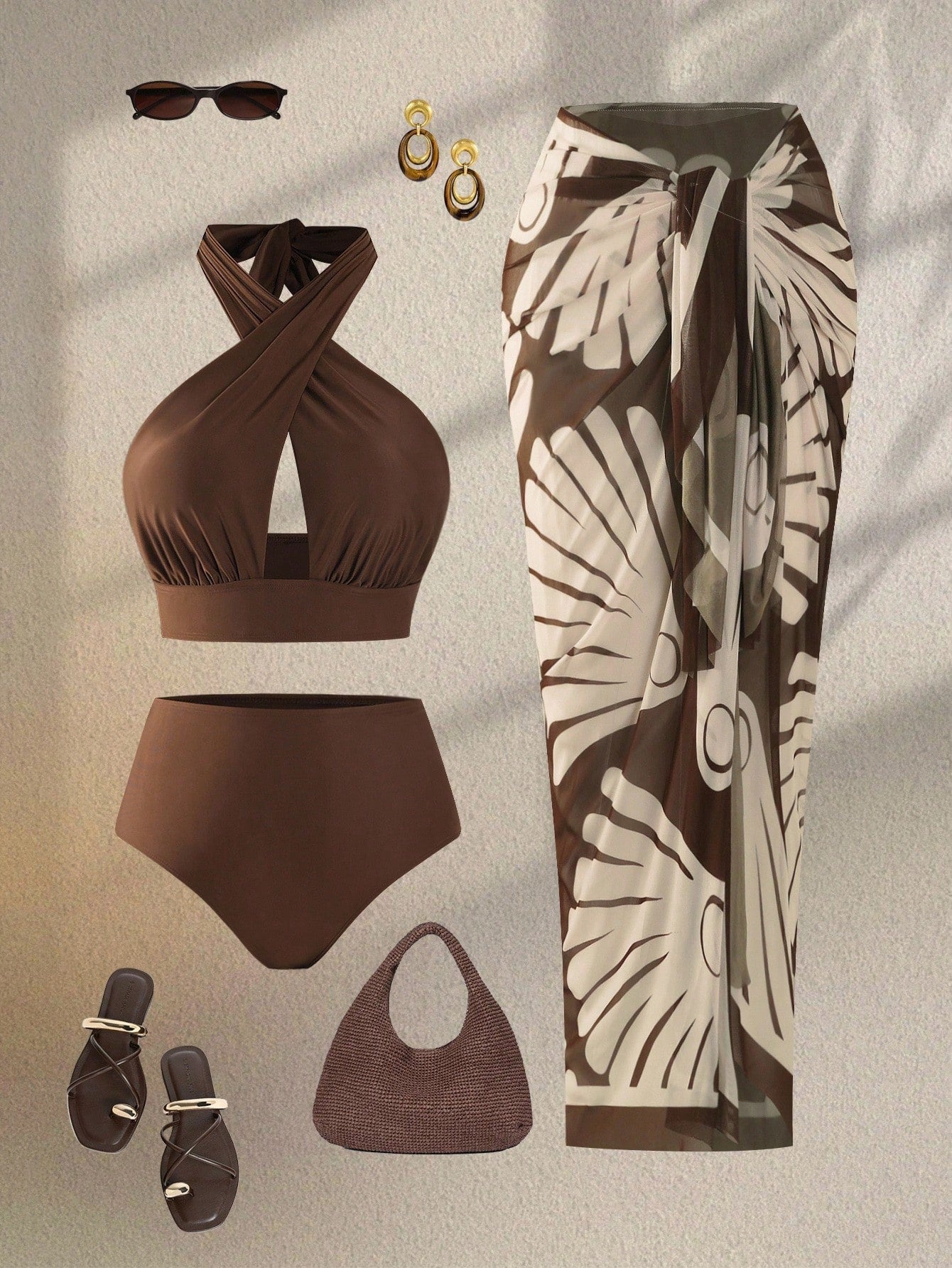 Swim Oasis Plus Size Women's Criss-Cross Halter Hollow-Out Bikini Set,High-Waisted Bottom & Mesh Maxi Dress,Sage Green,Summer,Elegant,Beach,Vacation,Holiday