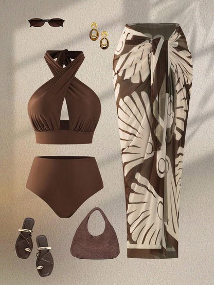 Swim Oasis Plus Size Women's Criss-Cross Halter Hollow-Out Bikini Set,High-Waisted Bottom & Mesh Maxi Dress,Sage Green,Summer,Elegant,Beach,Vacation,Holiday