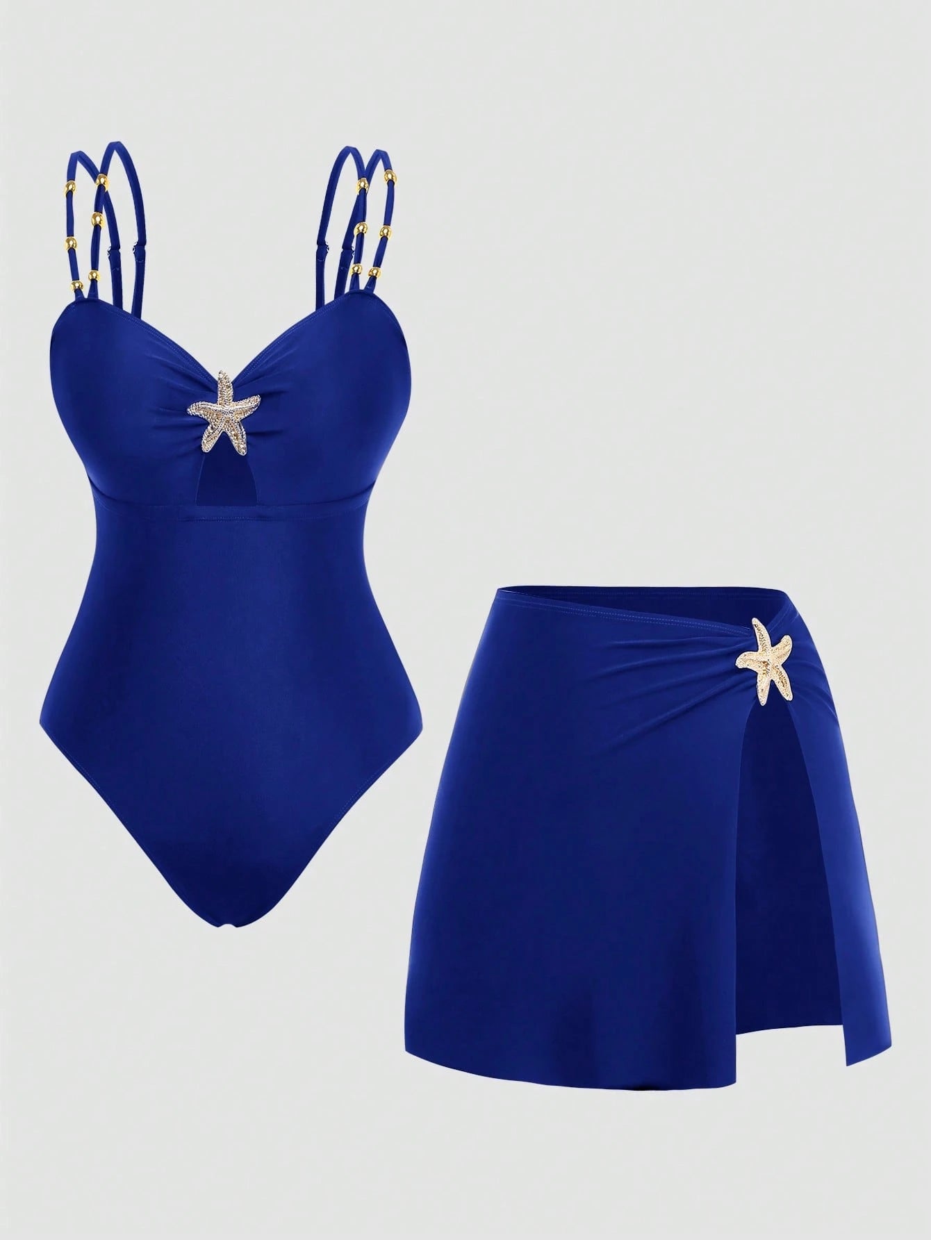 Swim Oasis Plus Size Women's Royal Blue Summer Beach Holiday Holiday Two Pieces Swimsuit,Elegant Design Beaded Decoration Adjustable Straps Starfish