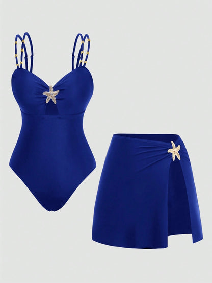 Swim Oasis Plus Size Women's Royal Blue Summer Beach Holiday Holiday Two Pieces Swimsuit,Elegant Design Beaded Decoration Adjustable Straps Starfish