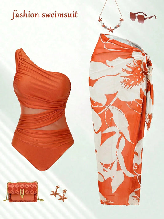 Swim Oasis Women's One-Piece Swimsuit With Mesh Patchwork And Skirt Beach Burnt Orange Summer Sexy
