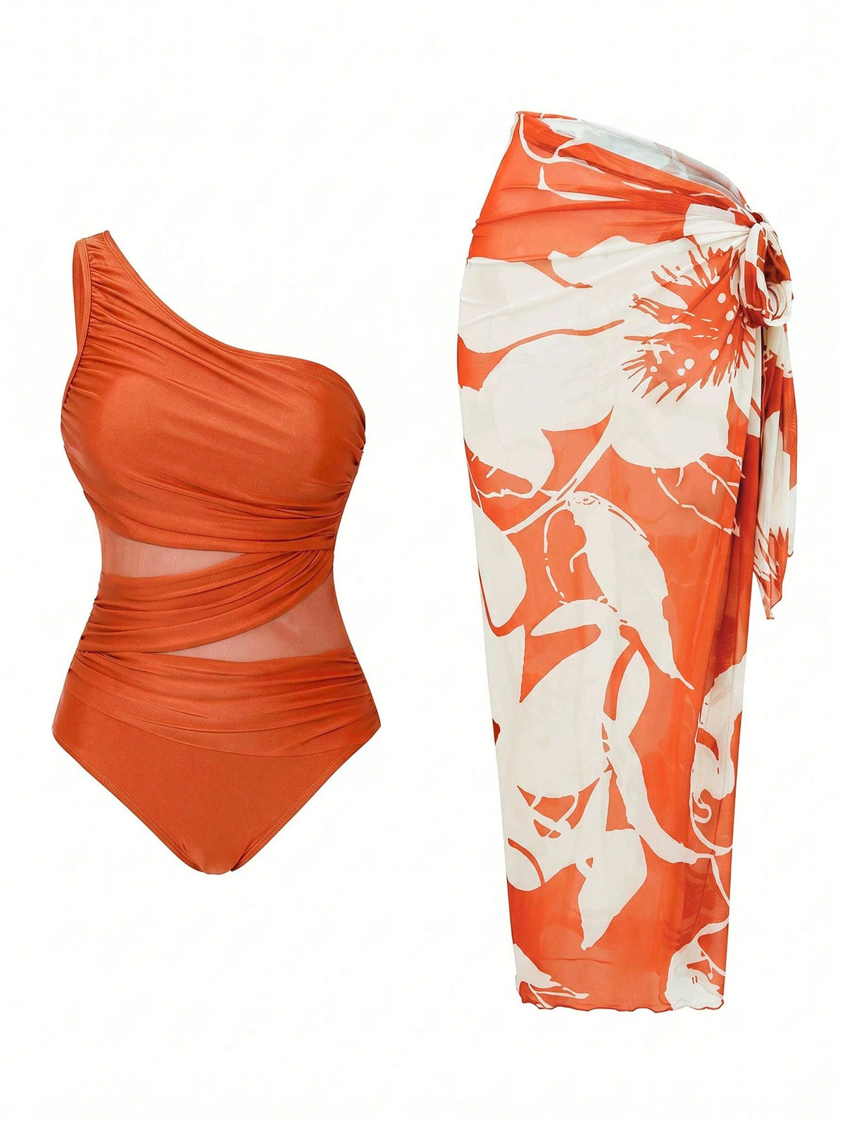 Swim Oasis Women's One-Piece Swimsuit With Mesh Patchwork And Skirt Beach Burnt Orange Summer Sexy
