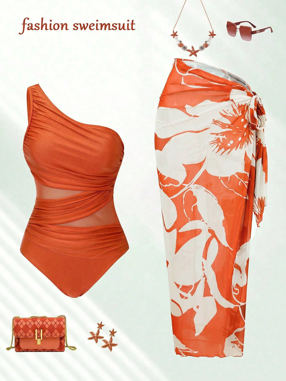 Swim Oasis Women's One-Piece Swimsuit With Mesh Patchwork And Skirt Beach Burnt Orange Summer Sexy