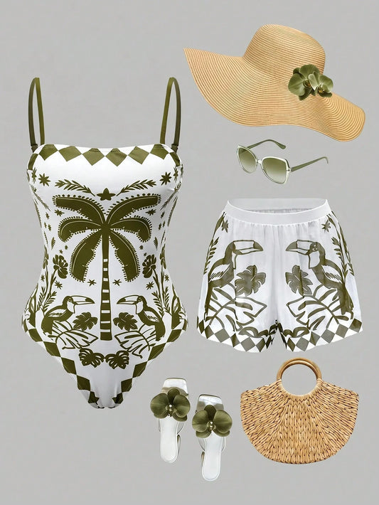 Swim Oasis Women's Palm Tree Print One-Piece Swimsuit With Cover-Up And Shorts