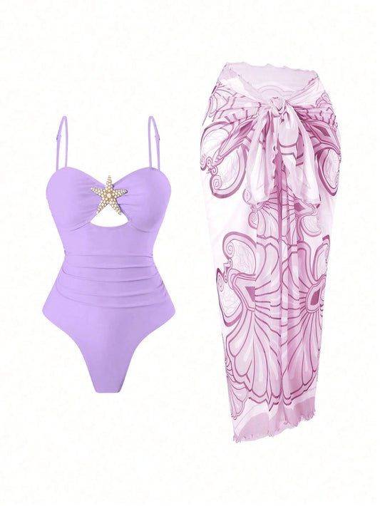 Swim Oasis Women's Summer Beach Vacation Hollow-Out Starfish Decor Ruched Tummy Control One-Piece Swimsuit With Tie-Up Maxi Skirt
