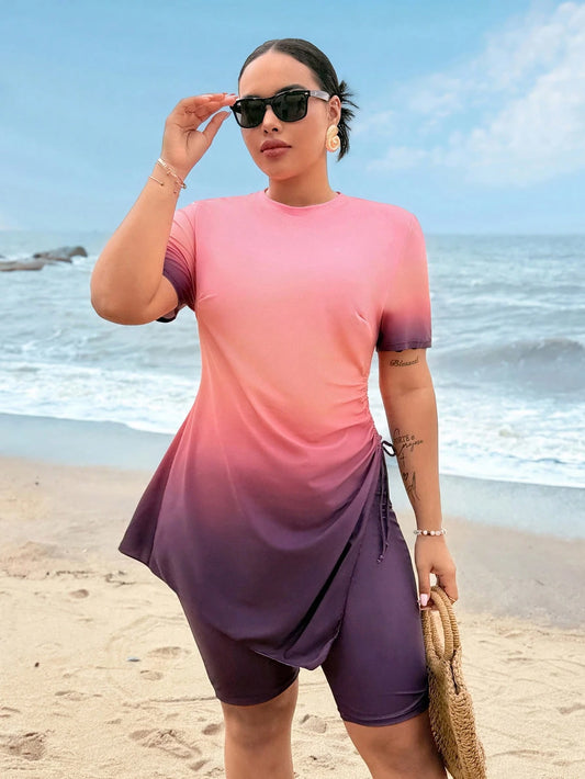 Swim Shayni Plus Size Women 2pcs Swimwear Set, Ombre Print Short Sleeve & Shorts, Casual Beach Burkini