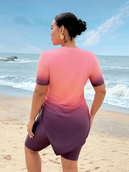 Swim Shayni Plus Size Women 2pcs Swimwear Set, Ombre Print Short Sleeve & Shorts, Casual Beach Burkini