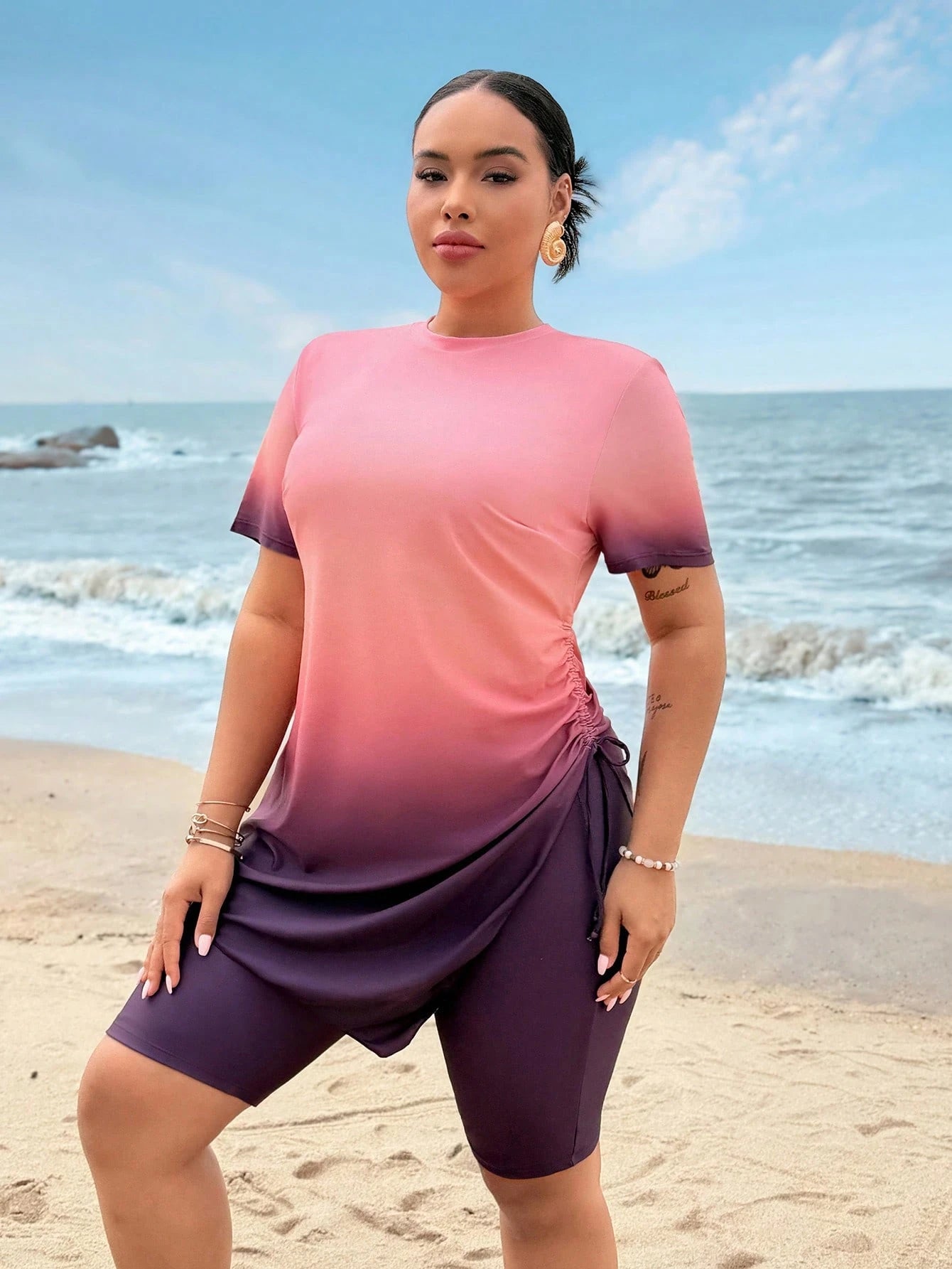 Swim Shayni Plus Size Women 2pcs Swimwear Set, Ombre Print Short Sleeve & Shorts, Casual Beach Burkini