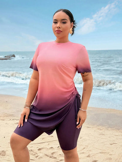 Swim Shayni Plus Size Women 2pcs Swimwear Set, Ombre Print Short Sleeve & Shorts, Casual Beach Burkini