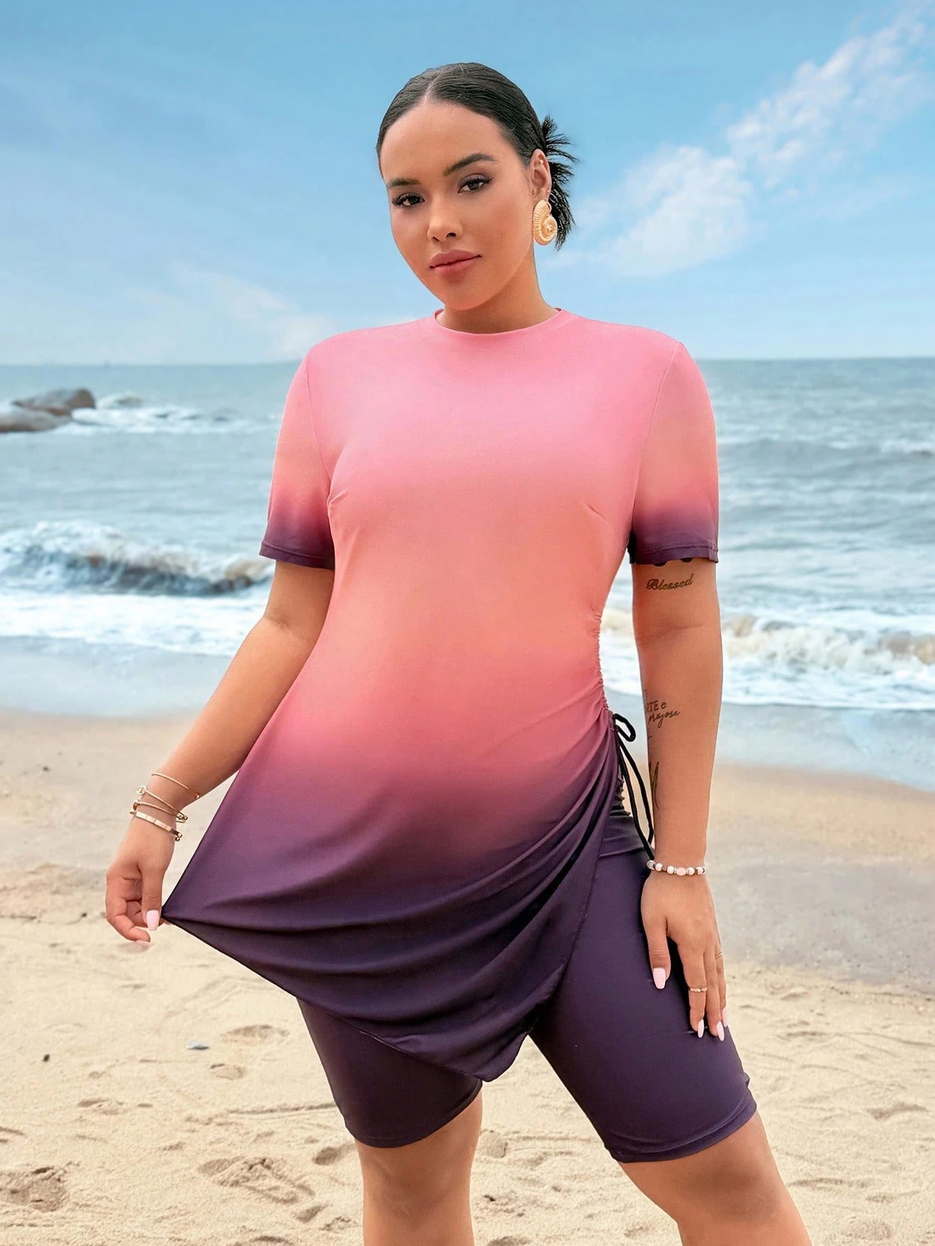 Swim Shayni Plus Size Women 2pcs Swimwear Set, Ombre Print Short Sleeve & Shorts, Casual Beach Burkini