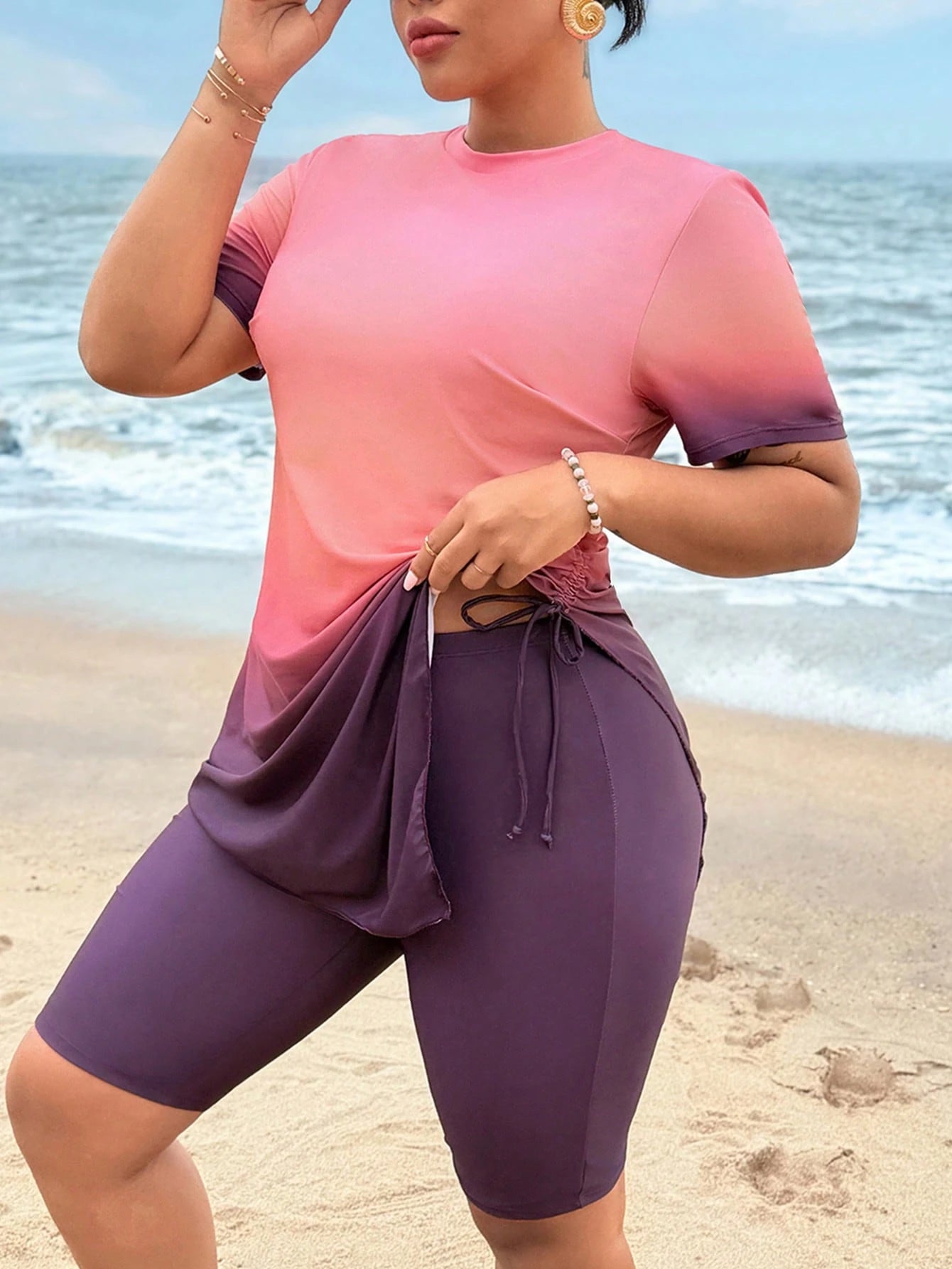 Swim Shayni Plus Size Women 2pcs Swimwear Set, Ombre Print Short Sleeve & Shorts, Casual Beach Burkini