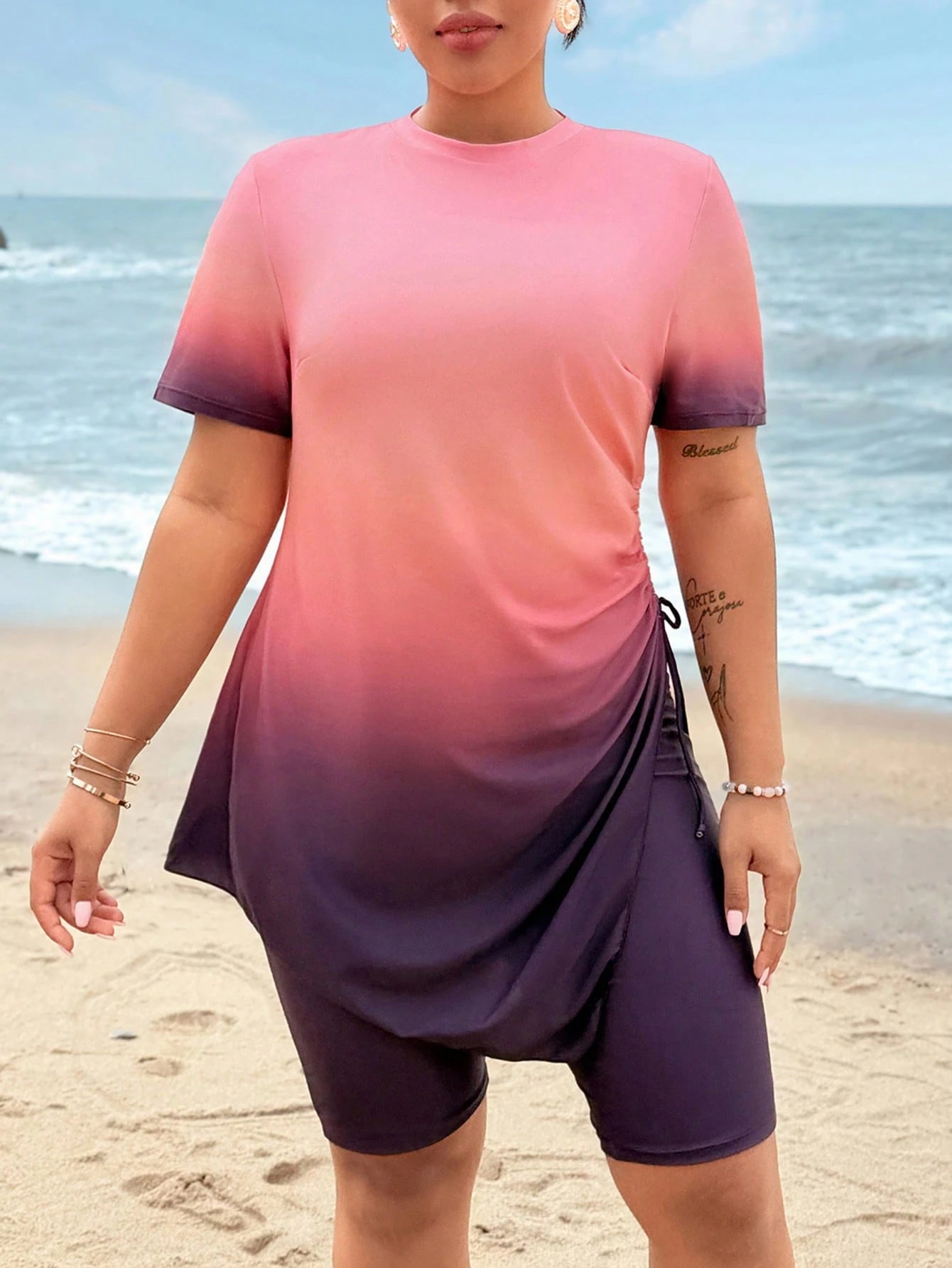 Swim Shayni Plus Size Women 2pcs Swimwear Set, Ombre Print Short Sleeve & Shorts, Casual Beach Burkini