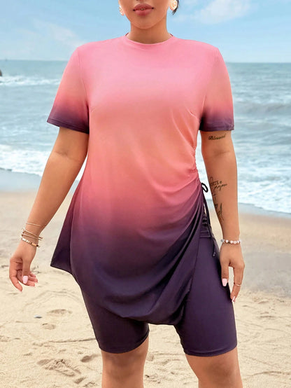 Swim Shayni Plus Size Women 2pcs Swimwear Set, Ombre Print Short Sleeve & Shorts, Casual Beach Burkini