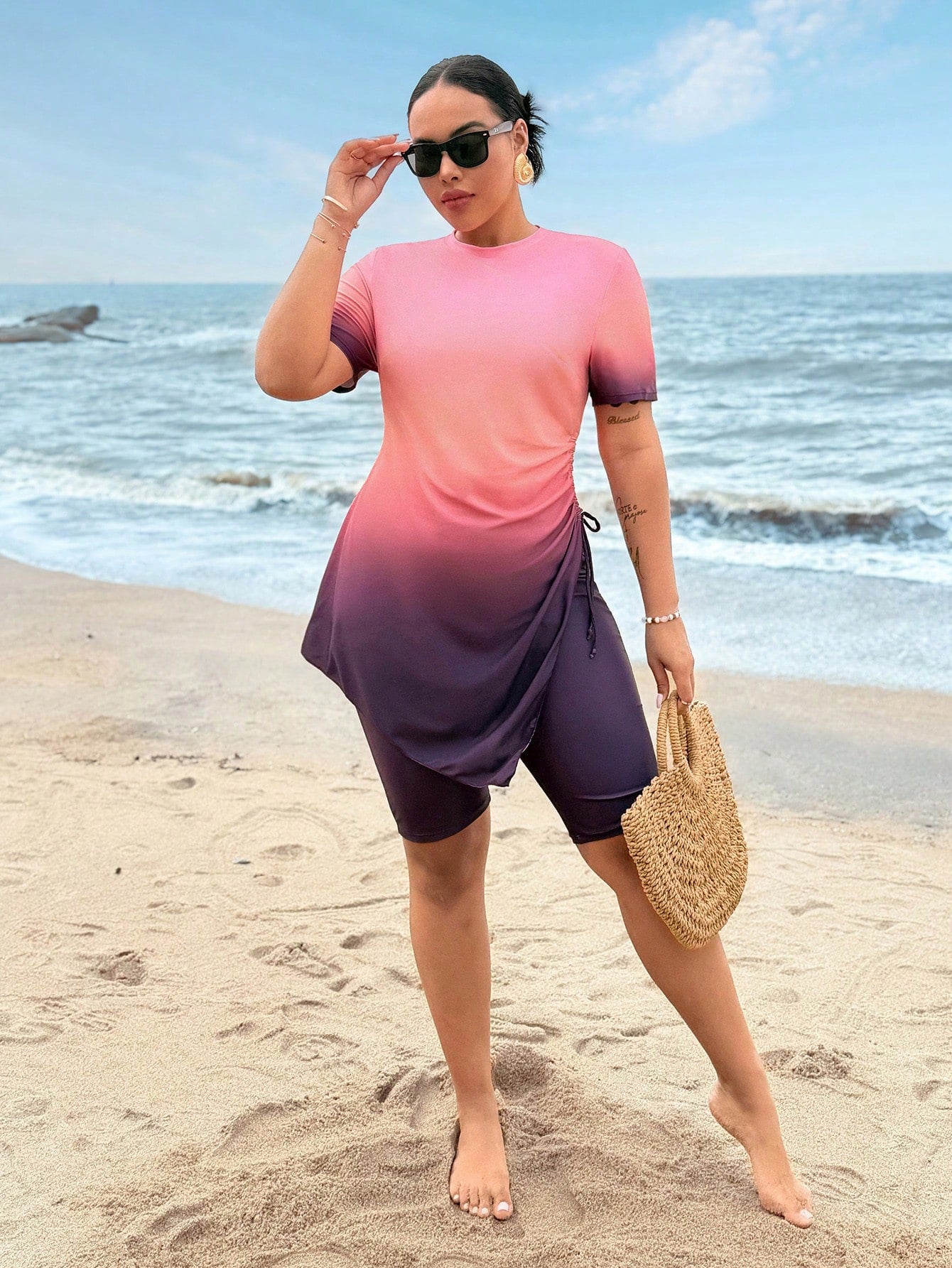 Swim Shayni Plus Size Women 2pcs Swimwear Set, Ombre Print Short Sleeve & Shorts, Casual Beach Burkini