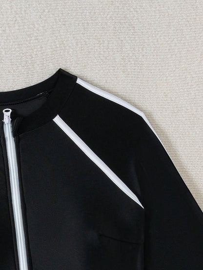 Swim SPRTY Latest Contrast Color Holiday Beach Long Sleeve Round Neck Zipper Contrast Color Women Rashguard Summer