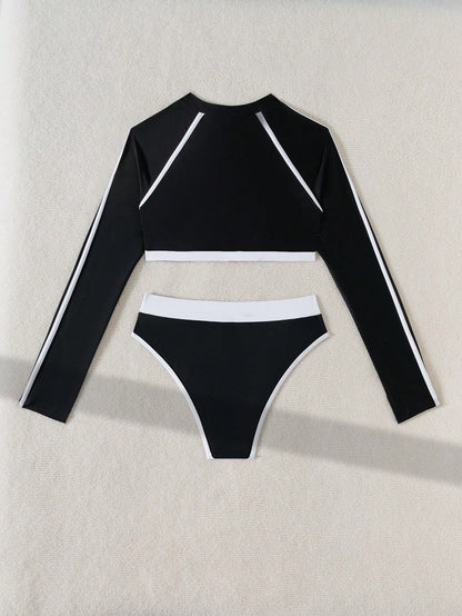 Swim SPRTY Latest Contrast Color Holiday Beach Long Sleeve Round Neck Zipper Contrast Color Women Rashguard Summer