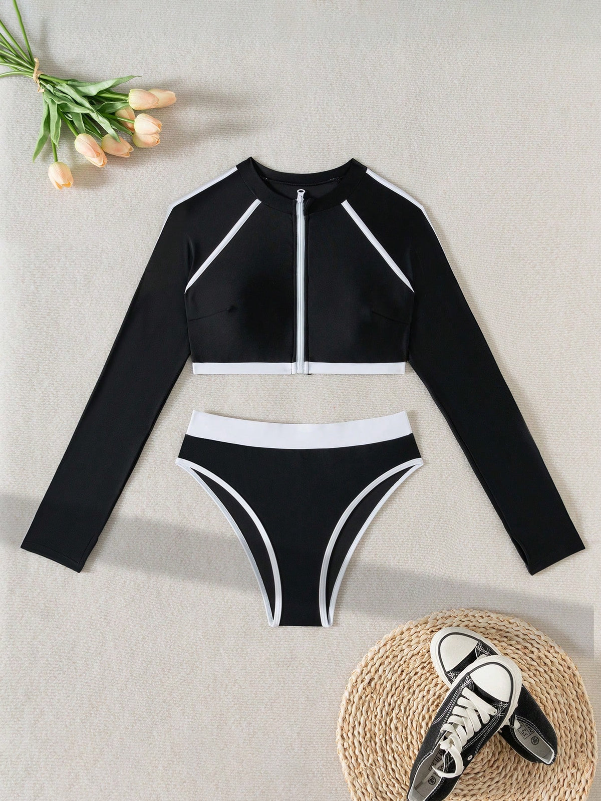 Swim SPRTY Latest Contrast Color Holiday Beach Long Sleeve Round Neck Zipper Contrast Color Women Rashguard Summer