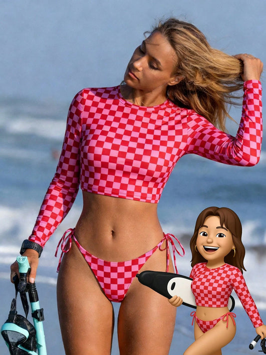 Swim SPRTY Women Cute Pink Fabric Short Tankini With Round Neck Long Sleeve Random Print Top And Tie Side Lace Up Bottom