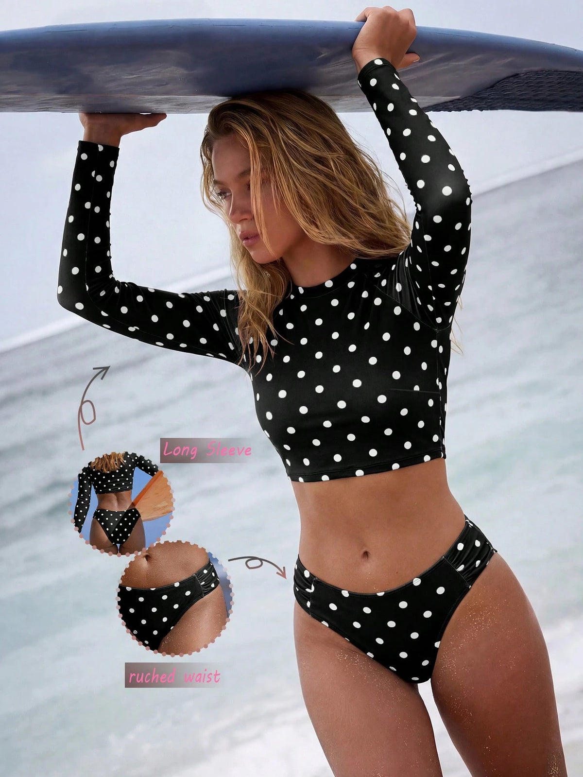 Swim SPRTY Women's Spring/Summer Sporty 70s Retro Style Long Sleeve Fashion Polka Dot Print Top + Matching Color Ruched Waist Swim Bottoms Beach Party