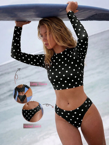 Swim SPRTY Women's Spring/Summer Sporty 70s Retro Style Long Sleeve Fashion Polka Dot Print Top + Matching Color Ruched Waist Swim Bottoms Beach Party
