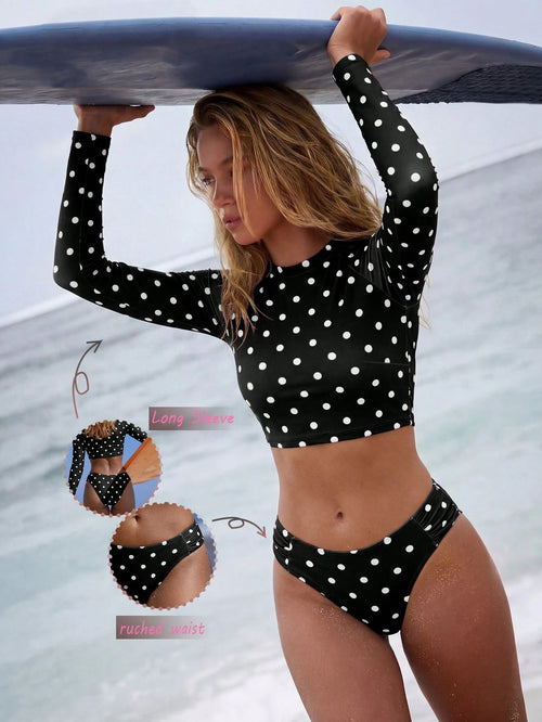 Swim SPRTY Women's Spring/Summer Sporty 70s Retro Style Long Sleeve Fashion Polka Dot Print Top + Matching Color Ruched Waist Swim Bottoms Beach Party