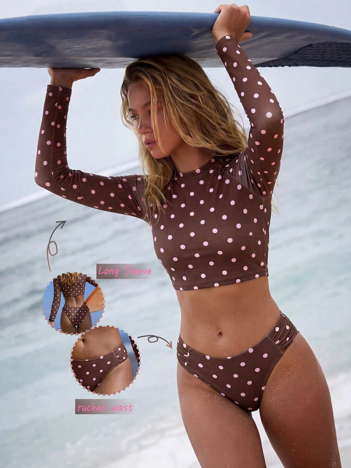 Swim SPRTY Women's Spring/Summer Sporty 70s Retro Style Long Sleeve Fashion Polka Dot Print Top + Matching Color Ruched Waist Swim Bottoms Beach Party