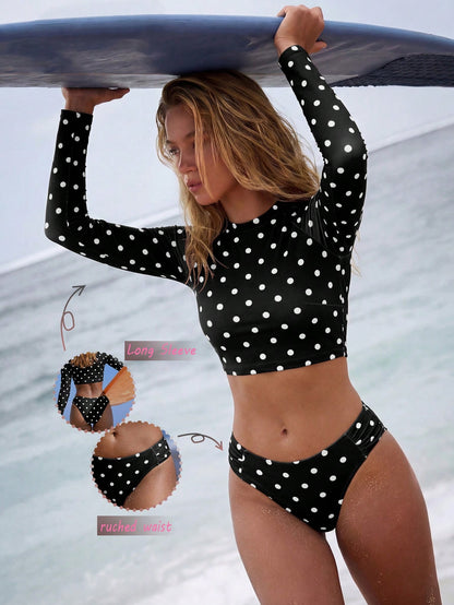 Swim SPRTY Women's Spring/Summer Sporty 70s Retro Style Long Sleeve Fashion Polka Dot Print Top + Matching Color Ruched Waist Swim Bottoms Beach Party