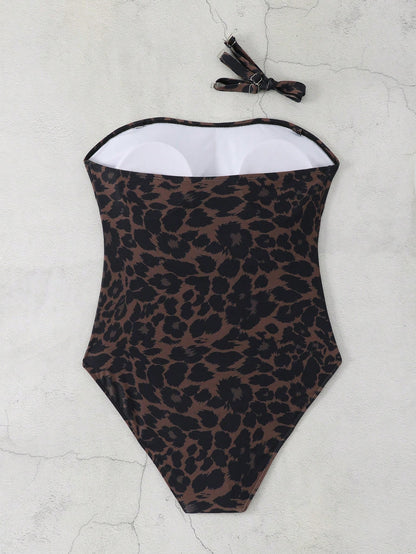 Swim SXY 2026 Spring/Summer New Leopard Print Fabric Strapless One-Piece Swimsuit, Detachable Straps, Vacation/Beach/Pool/Party Wear, Sexy