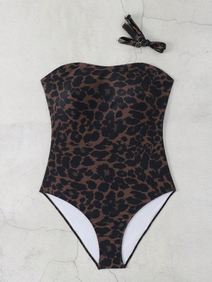 Swim SXY 2026 Spring/Summer New Leopard Print Fabric Strapless One-Piece Swimsuit, Detachable Straps, Vacation/Beach/Pool/Party Wear, Sexy