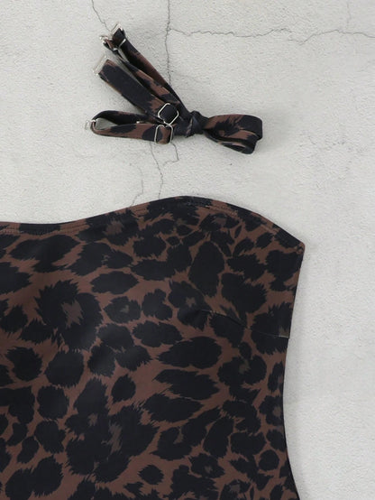 Swim SXY 2026 Spring/Summer New Leopard Print Fabric Strapless One-Piece Swimsuit, Detachable Straps, Vacation/Beach/Pool/Party Wear, Sexy