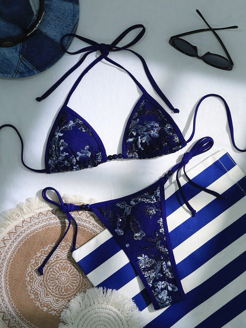 Swim SXY 2pcs Sequin Embroidery Sexy Lace Halter Tie Bikini Set With Thong, Featuring Ombre Bead Decor, Daring & Fashionable Beach Party Swimwear For Women