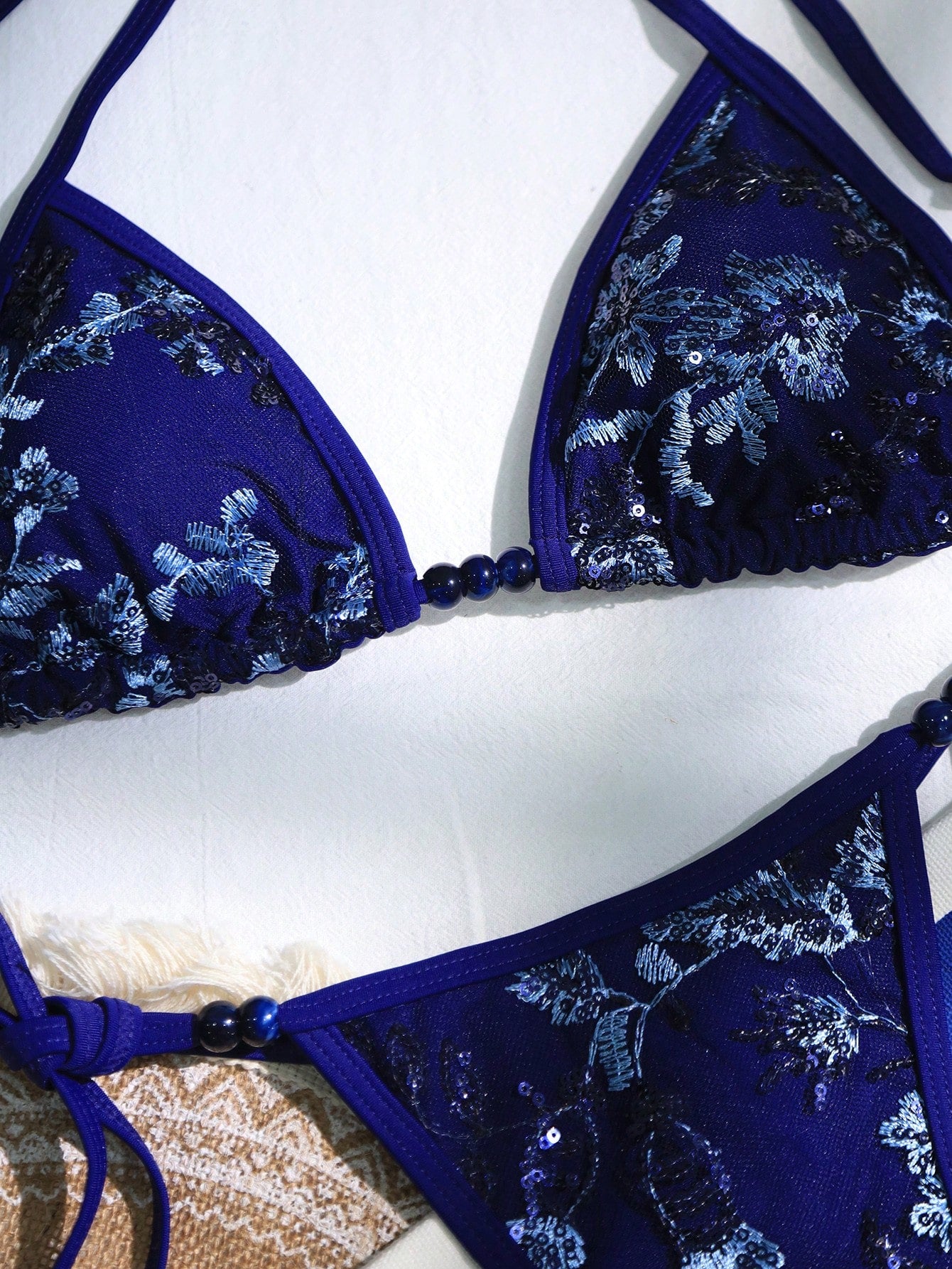 Swim SXY 2pcs Sequin Embroidery Sexy Lace Halter Tie Bikini Set With Thong, Featuring Ombre Bead Decor, Daring & Fashionable Beach Party Swimwear For Women
