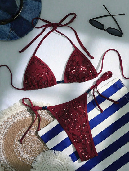 Swim SXY 2pcs Sequin Embroidery Sexy Lace Halter Tie Bikini Set With Thong, Featuring Ombre Bead Decor, Daring & Fashionable Beach Party Swimwear For Women