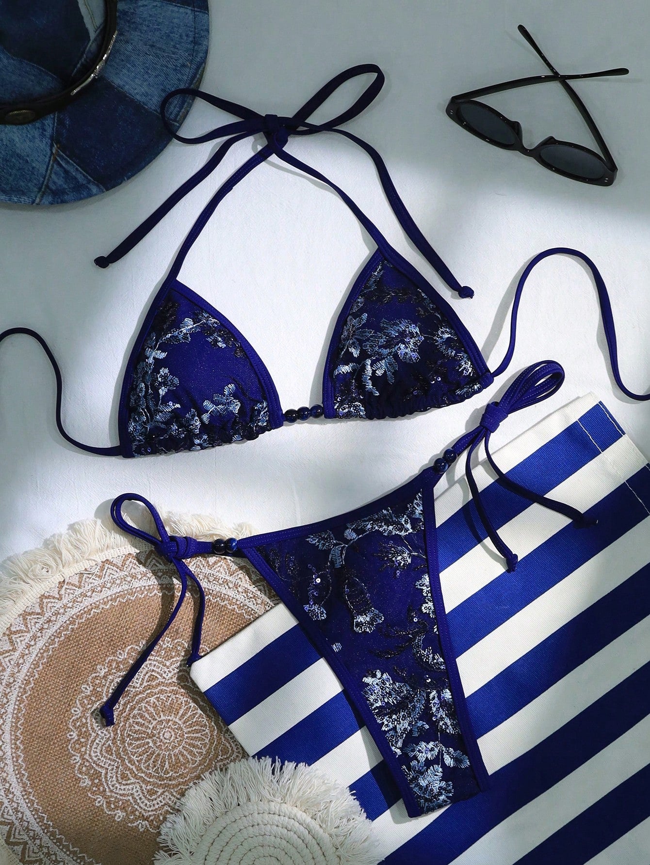 Swim SXY 2pcs Sequin Embroidery Sexy Lace Halter Tie Bikini Set With Thong, Featuring Ombre Bead Decor, Daring & Fashionable Beach Party Swimwear For Women
