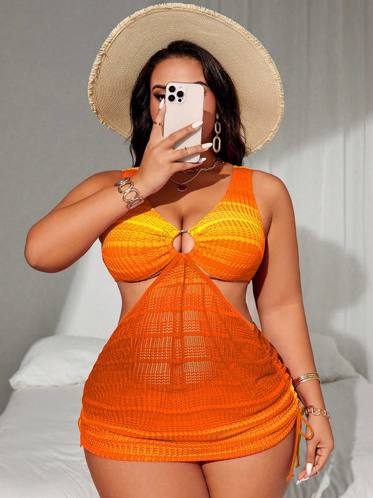 Swim SXY 2pcs/Set Women Plus Size Gradient Color Wide Strap Hollow Drawstring Waist Sexy Split Swim Dress Suit, Fashion Resort Wear For Summer Beach Vacation
