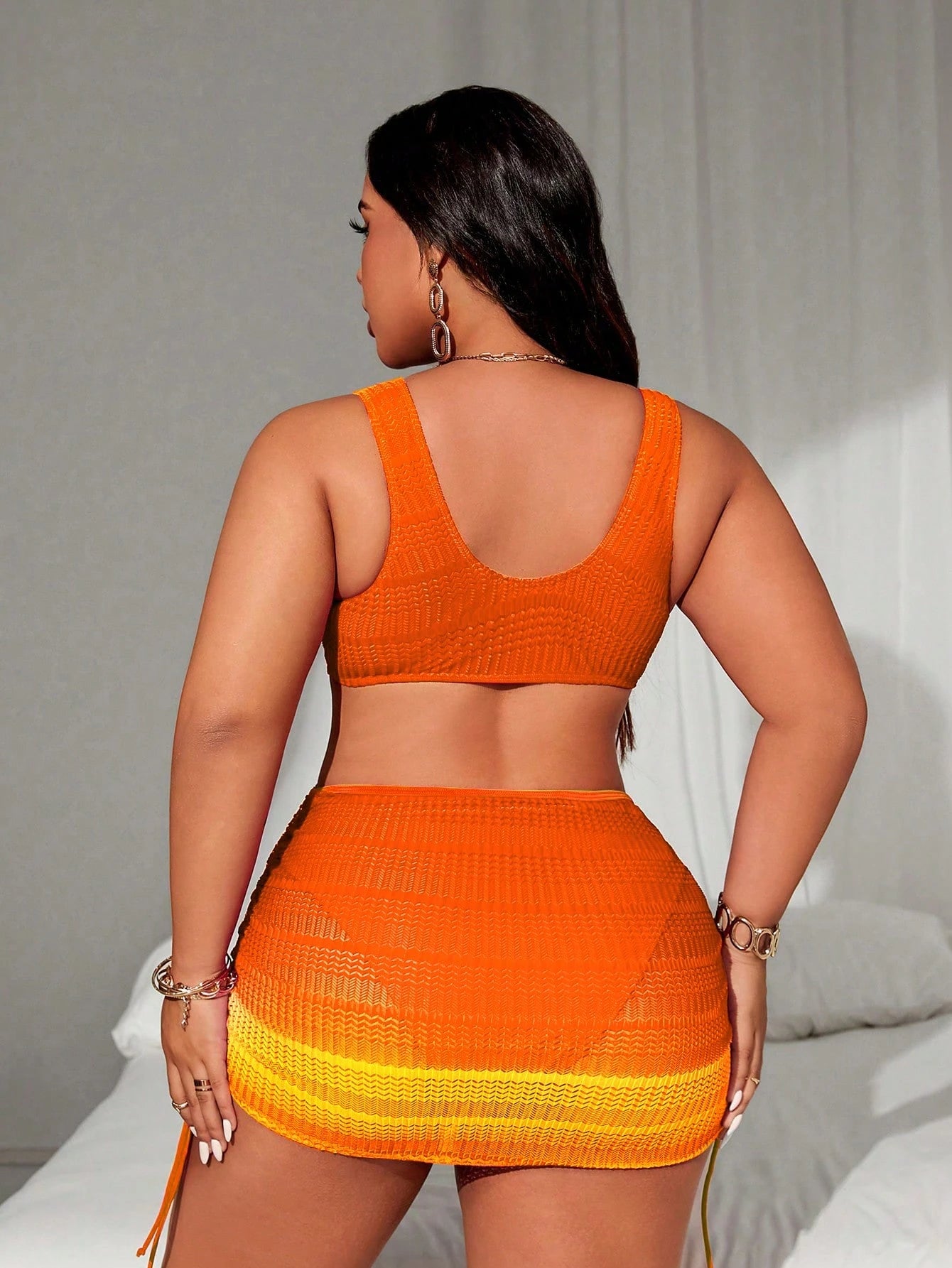 Swim SXY 2pcs/Set Women Plus Size Gradient Color Wide Strap Hollow Drawstring Waist Sexy Split Swim Dress Suit, Fashion Resort Wear For Summer Beach Vacation