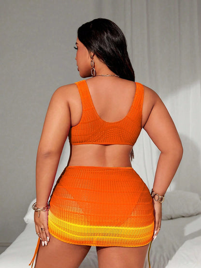 Swim SXY 2pcs/Set Women Plus Size Gradient Color Wide Strap Hollow Drawstring Waist Sexy Split Swim Dress Suit, Fashion Resort Wear For Summer Beach Vacation